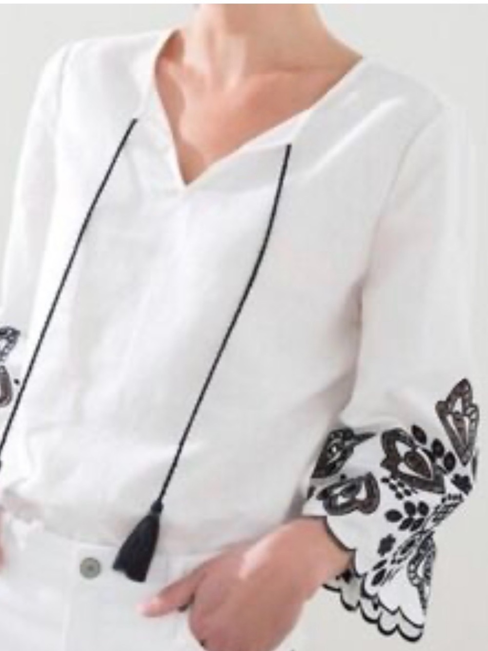 Chico's White Peasant Blouse with Blue Embroidered Bell Sleeves Large